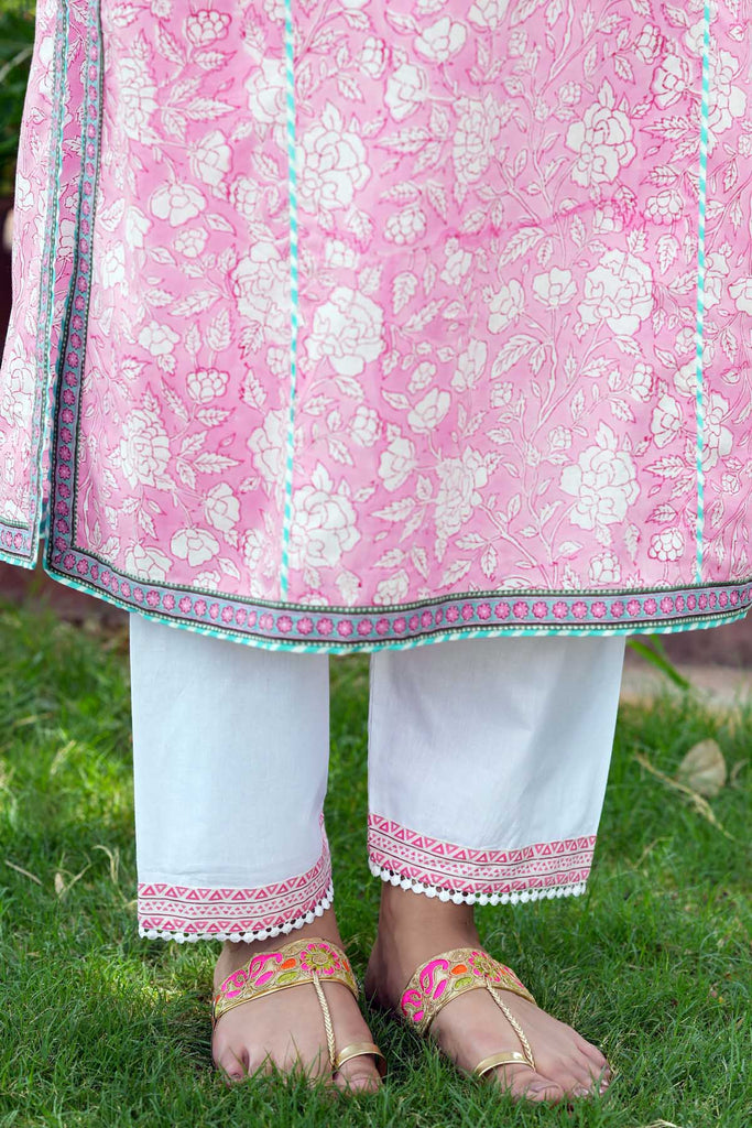 A-Line Kurta/Pant Set In Pink Hand Block Printed Cotton
