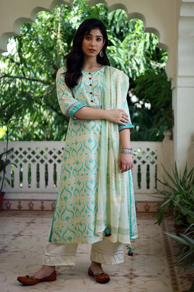 Hand block printed Kurta/Stole Set In Cream Color