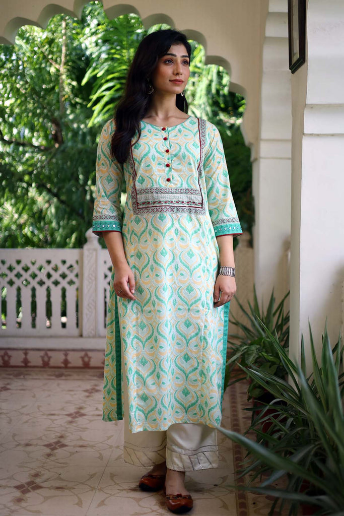 Hand block printed Kurta/Stole Set In Cream Color