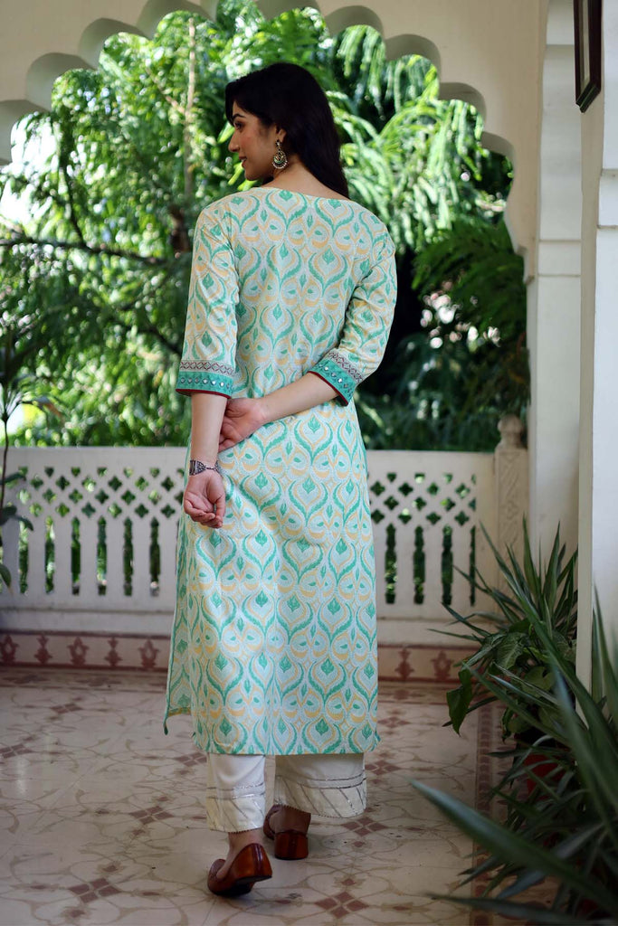 Hand block printed Kurta/Stole Set In Cream Color