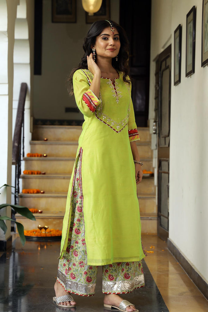 Kurta/Pant Set in  Lime Green color in Chanderi Fabric