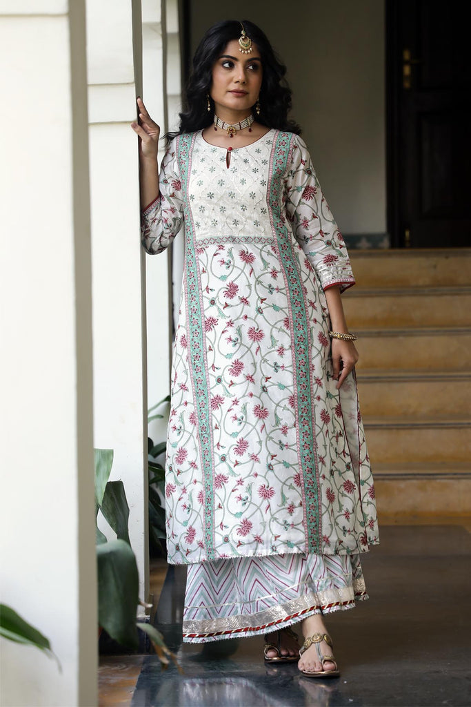 Chanderi Straight Fit Kurta/Pallazo Set In Off-white Color