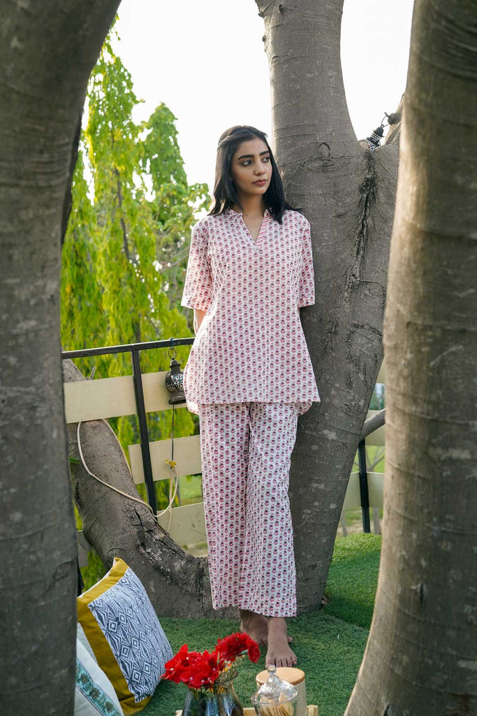 Cotton Loungewear Set in Off-White Buti Print