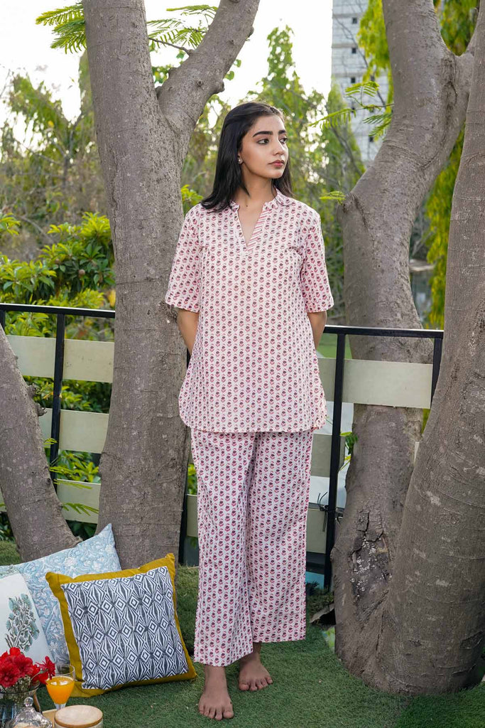 Cotton Loungewear Set in Off-White Buti Print