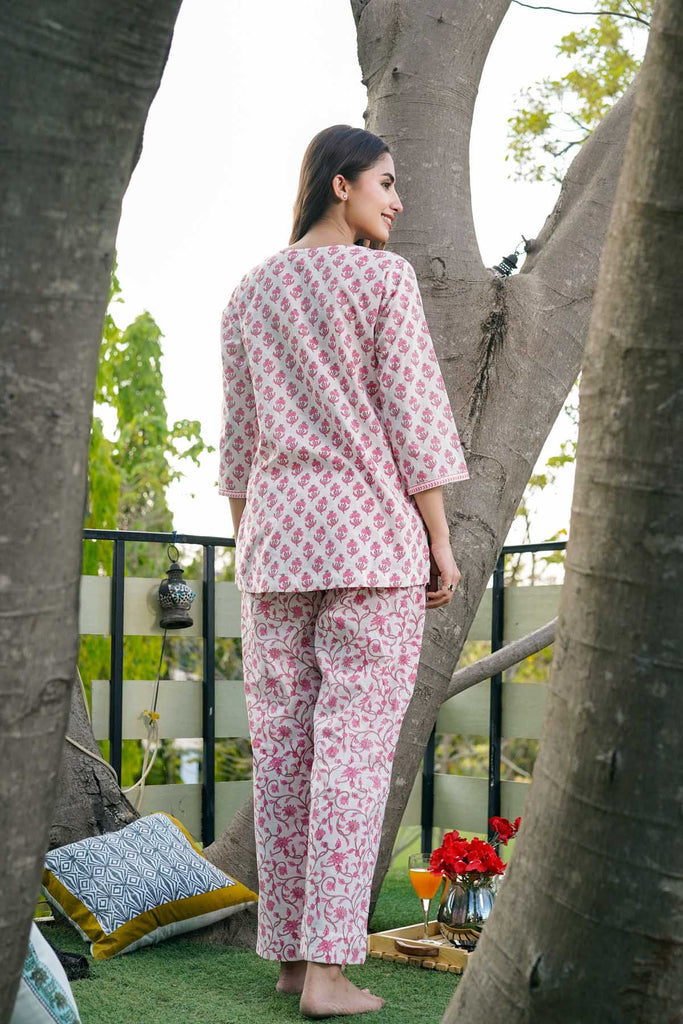 Cotton Loungewear Set In Pink Color Jaal Print