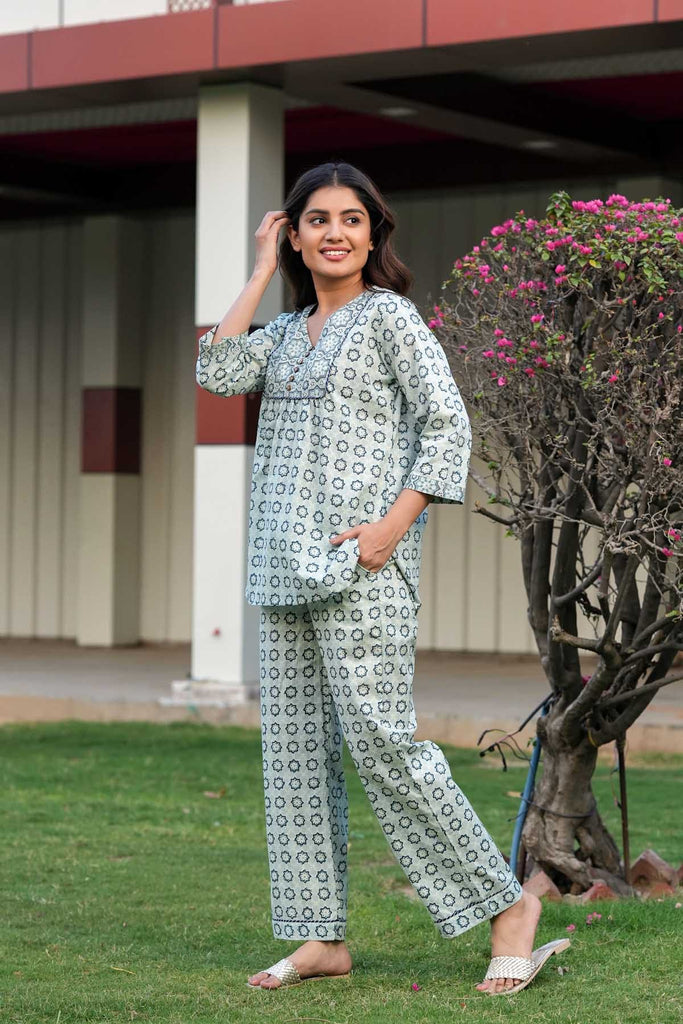 Cotton Loungewear Set In Light Sea Green Color