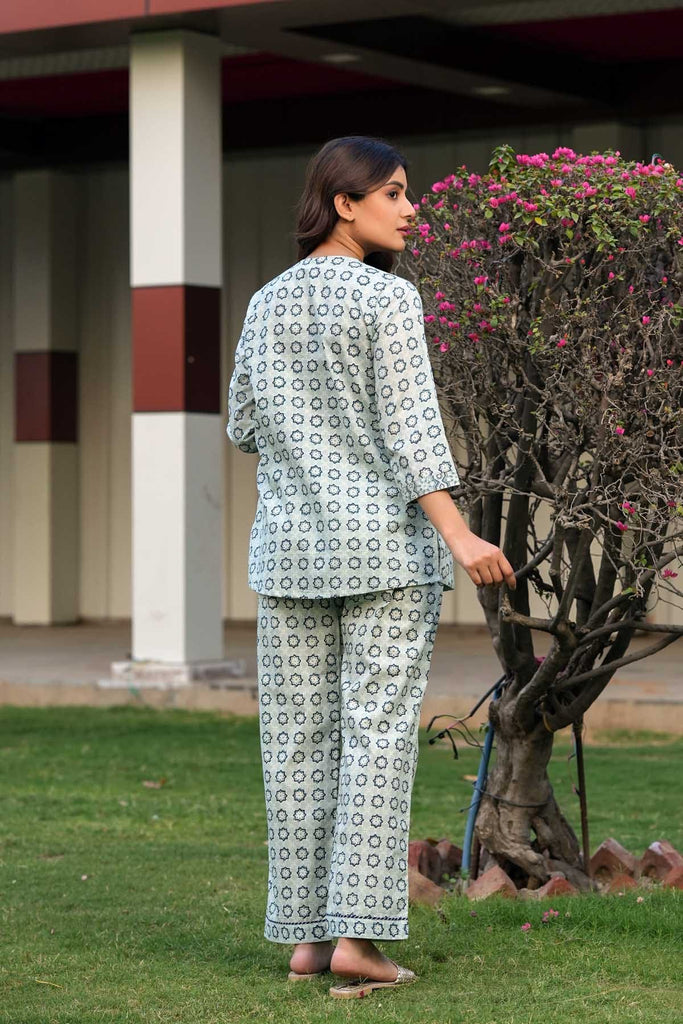 Cotton Loungewear Set In Light Sea Green Color