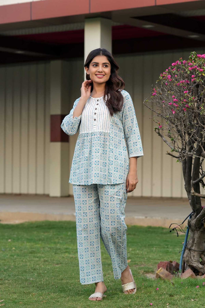 Cotton Loungewear Set In Turquoise Green Color