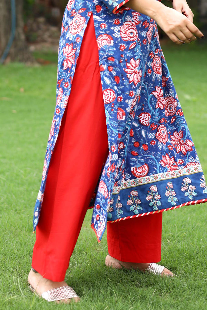 Cotton Straight Pants With Elasticated Waist In Red Color