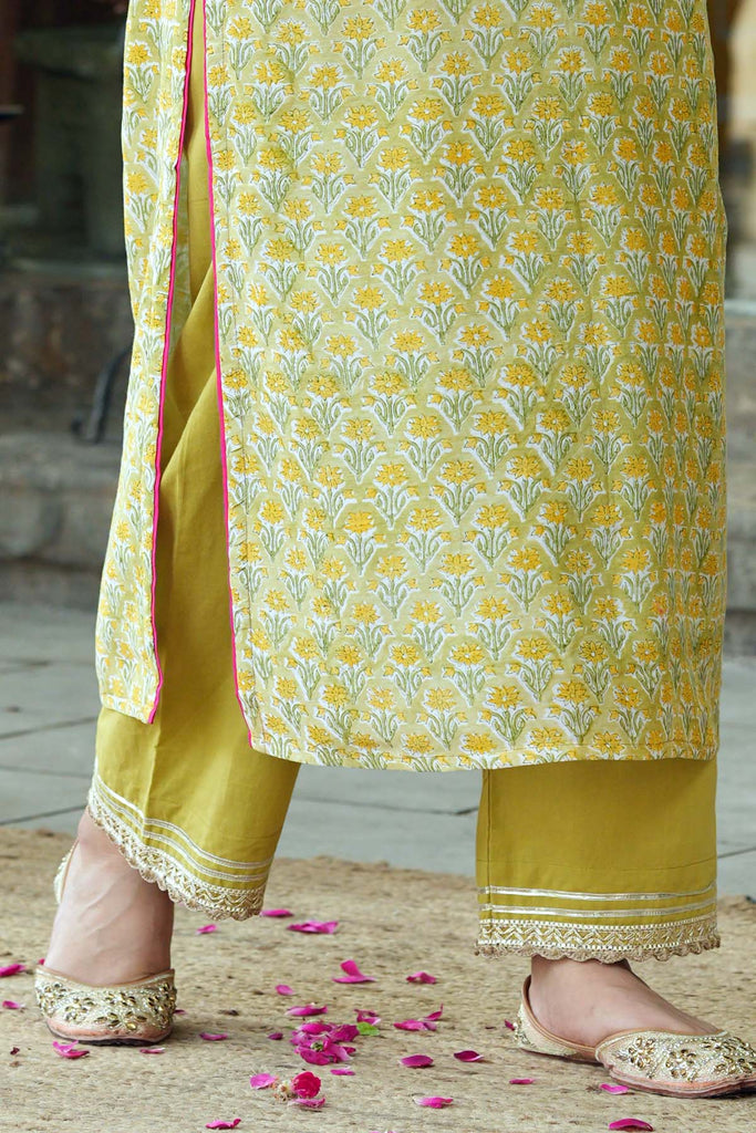 Beautiful Flower Print Naira Cut Straight Kurti Pants Set with Gota Lace  Work