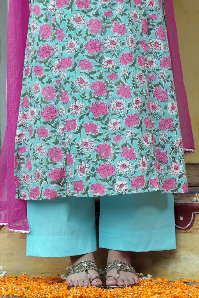 Cotton Straight Pants With Elasticated Waist In Firozi Color