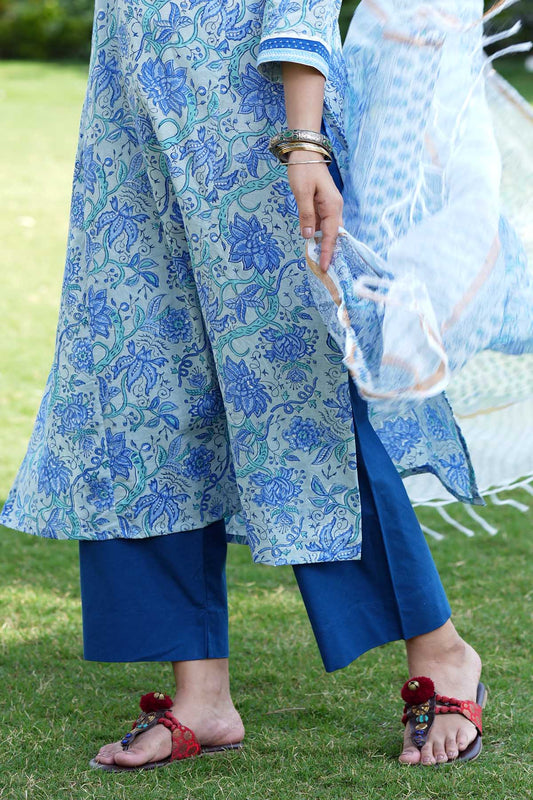 Bright Blue Straight-Fit Cotton Pant