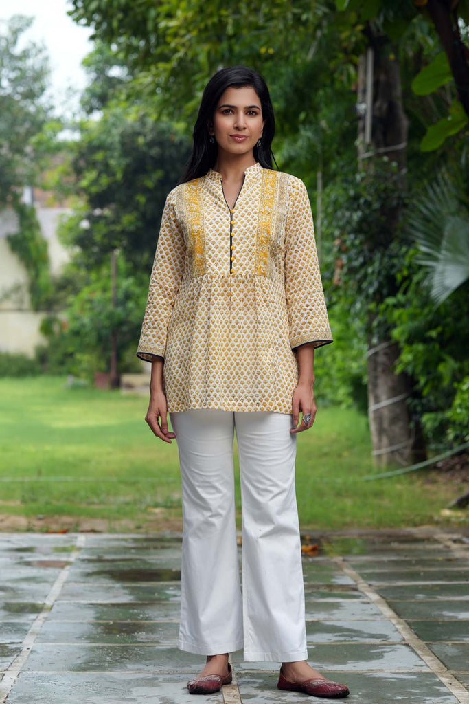 Collared Light Yellow  Short-Length Kurti