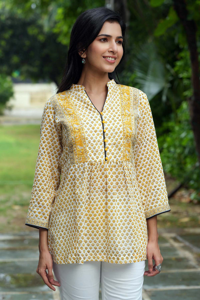 Yellow Colour Ethnic Embroidered Short Kurti For Girlish Looks - KSM PRINTS  - 4193271