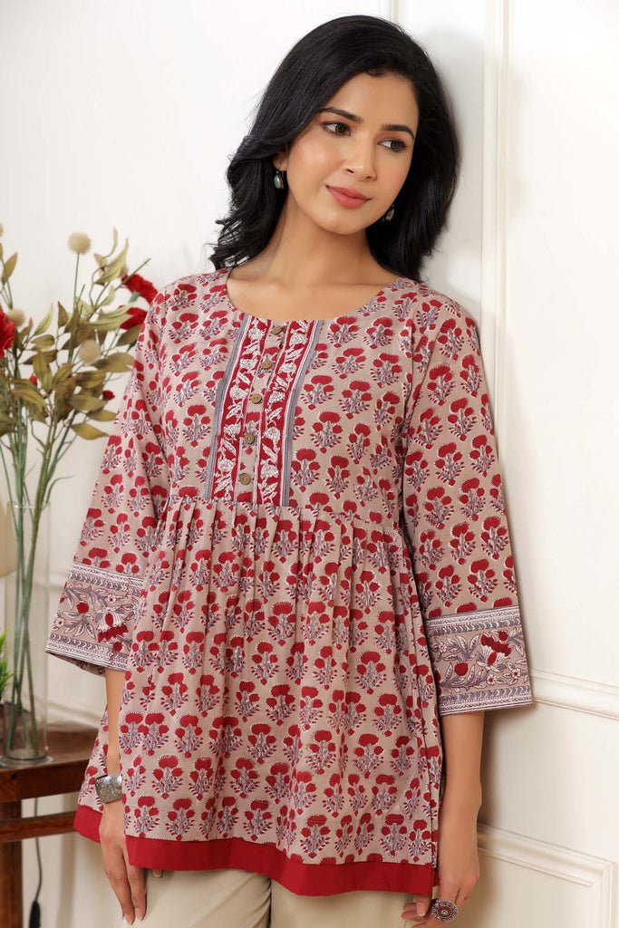 Short Length A-Line Kurti In Beige Color