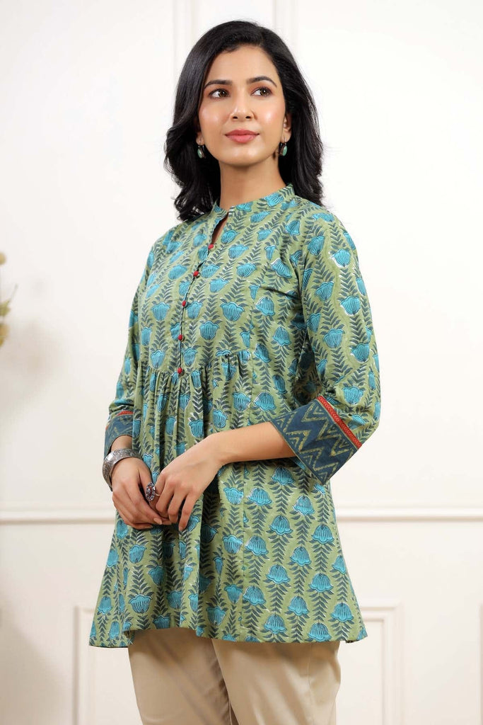 Short Length Collared Kurti In Light Green Color