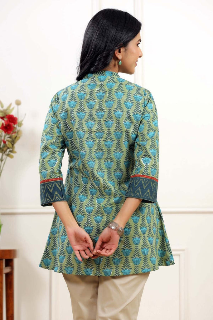 Short Length Collared Kurti In Light Green Color