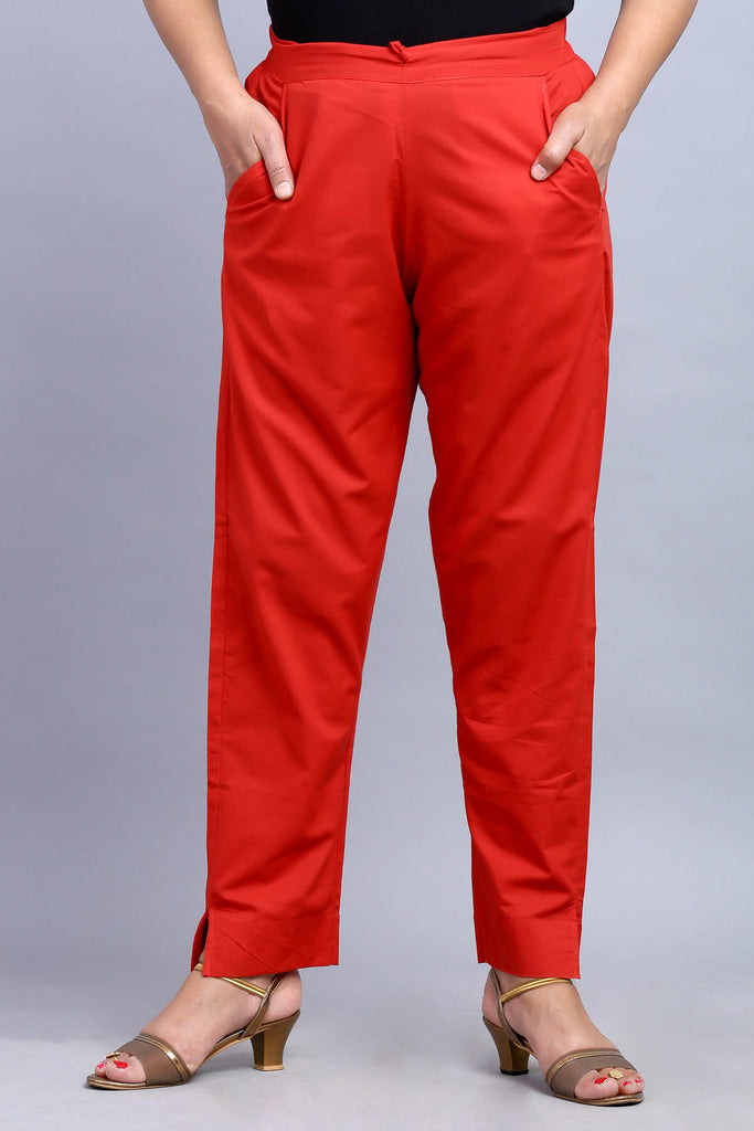 Smart casual red cotton silk narrow fitted trouser  Sujatra
