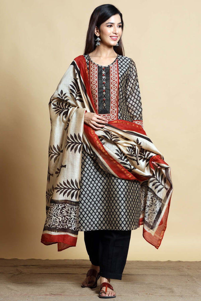 Hand Block Printed Chanderi Dupatta In Beige Color