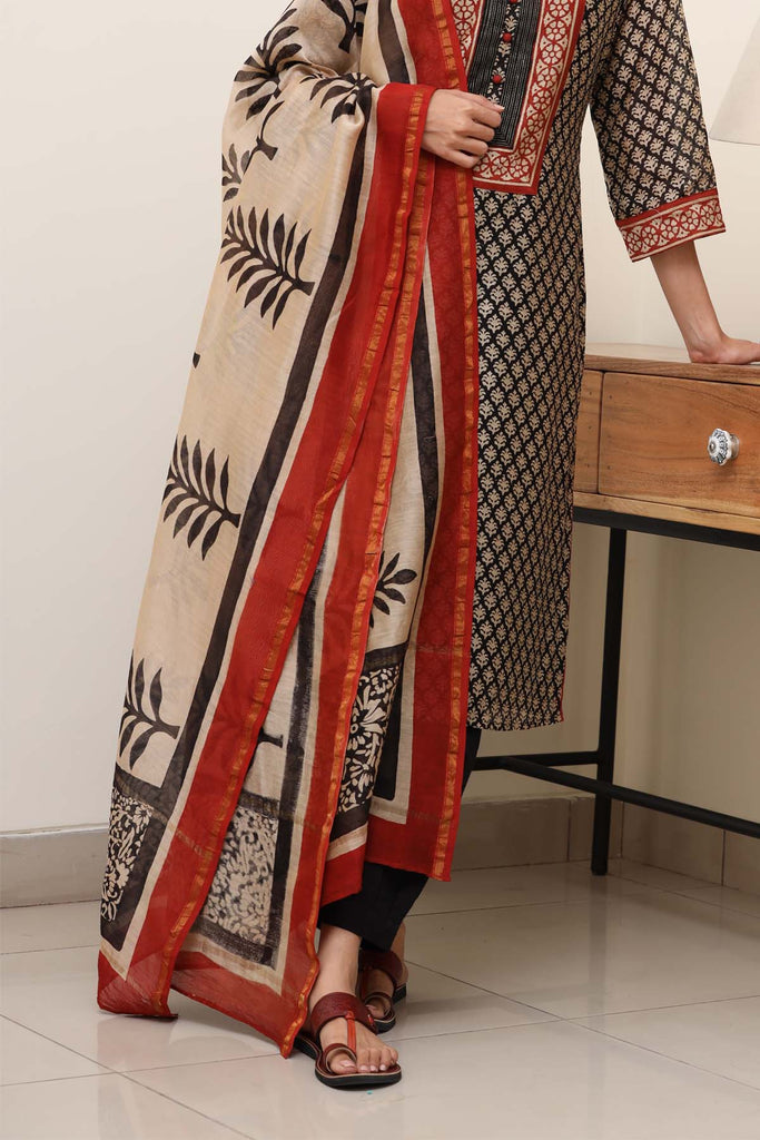 Hand Block Printed Chanderi Dupatta In Beige Color