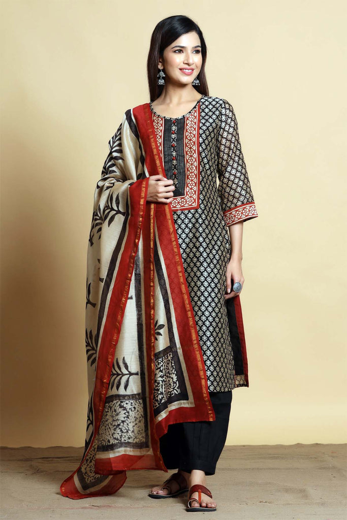 Hand Block Printed Chanderi Dupatta In Beige Color