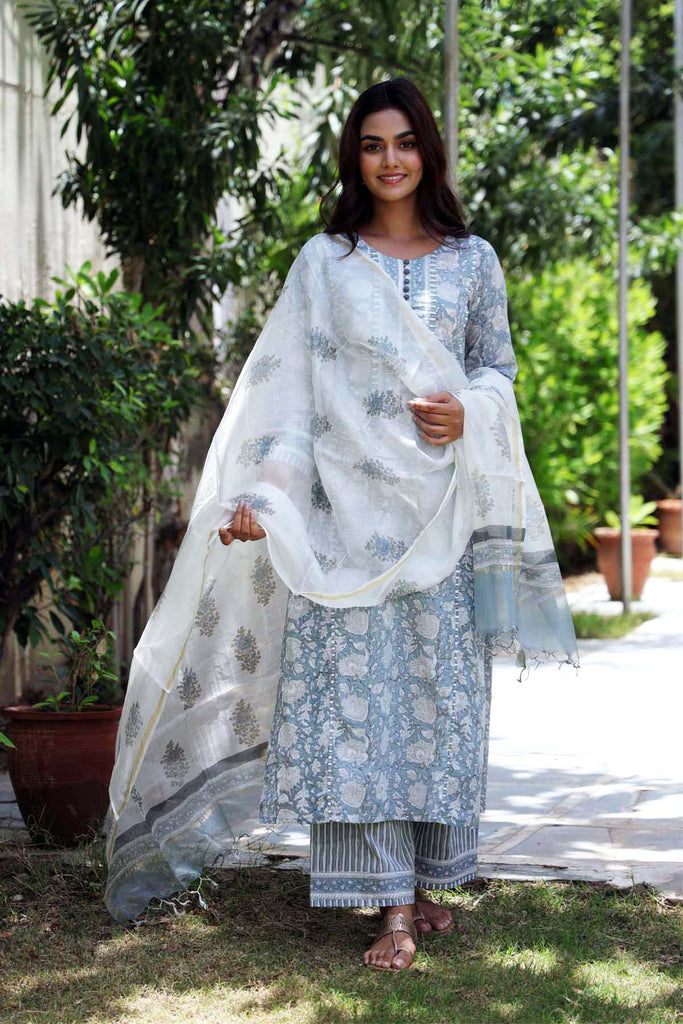 Printed Dupatta In Kota Silk In White Base