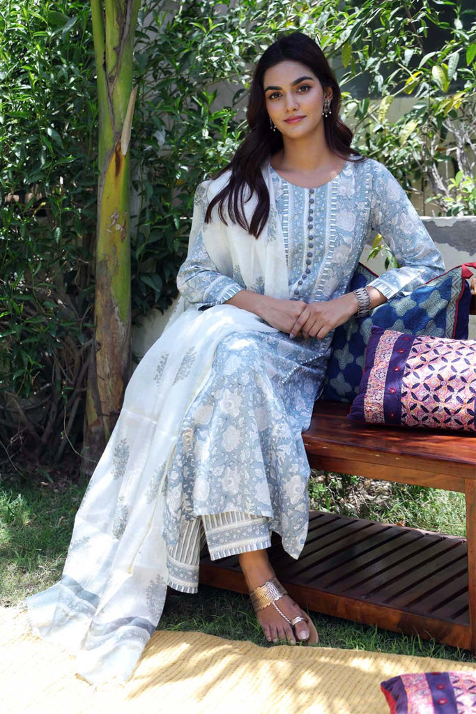 Printed Dupatta In Kota Silk In White Base