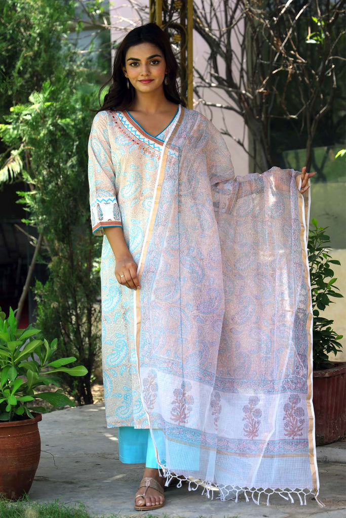 Hand Block Printed Kotadoriya Dupatta In Light Beige Color