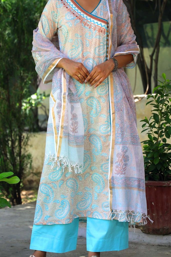 Hand Block Printed Kotadoriya Dupatta In Light Beige Color