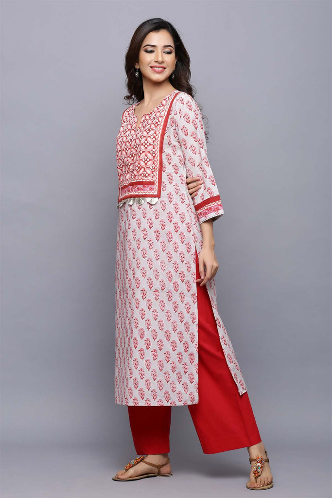 Straight Fit Red hand block print Kurta