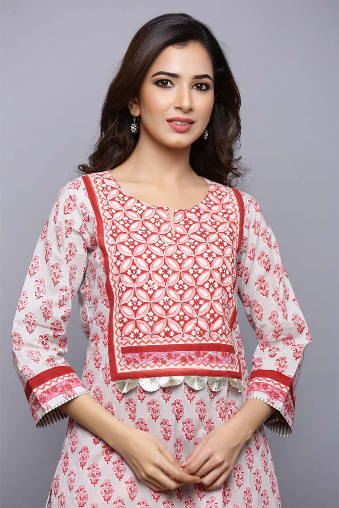 Straight Fit Red hand block print Kurta