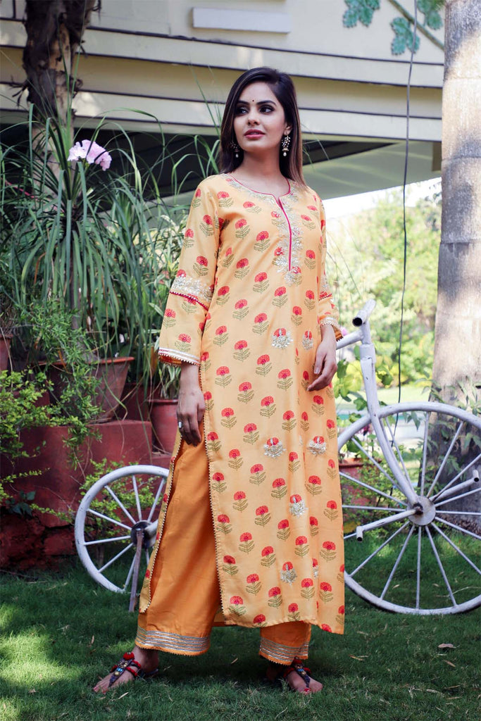 Straight fit long kurta in Peach Orange Modaal Silk