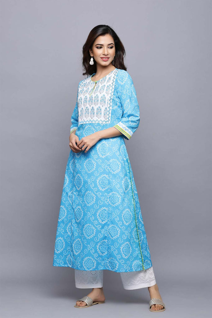 Long length A-Line kurta in Firozi bandhej print
