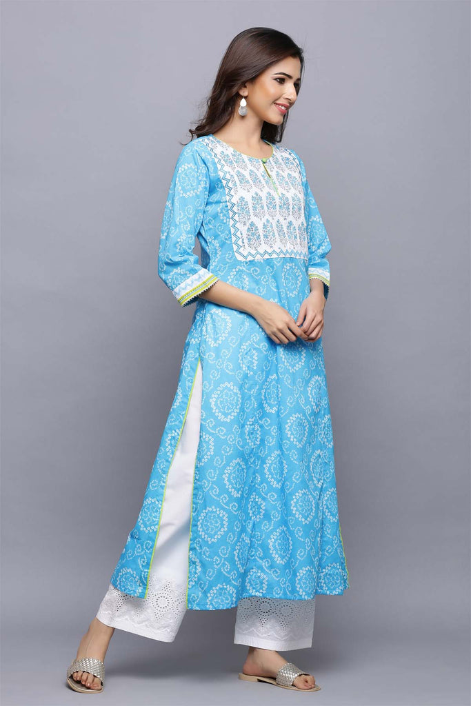 Long length A-Line kurta in Firozi bandhej print