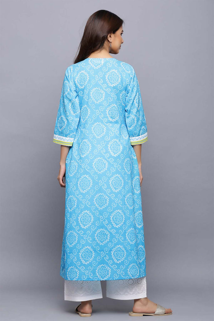 Long length A-Line kurta in Firozi bandhej print