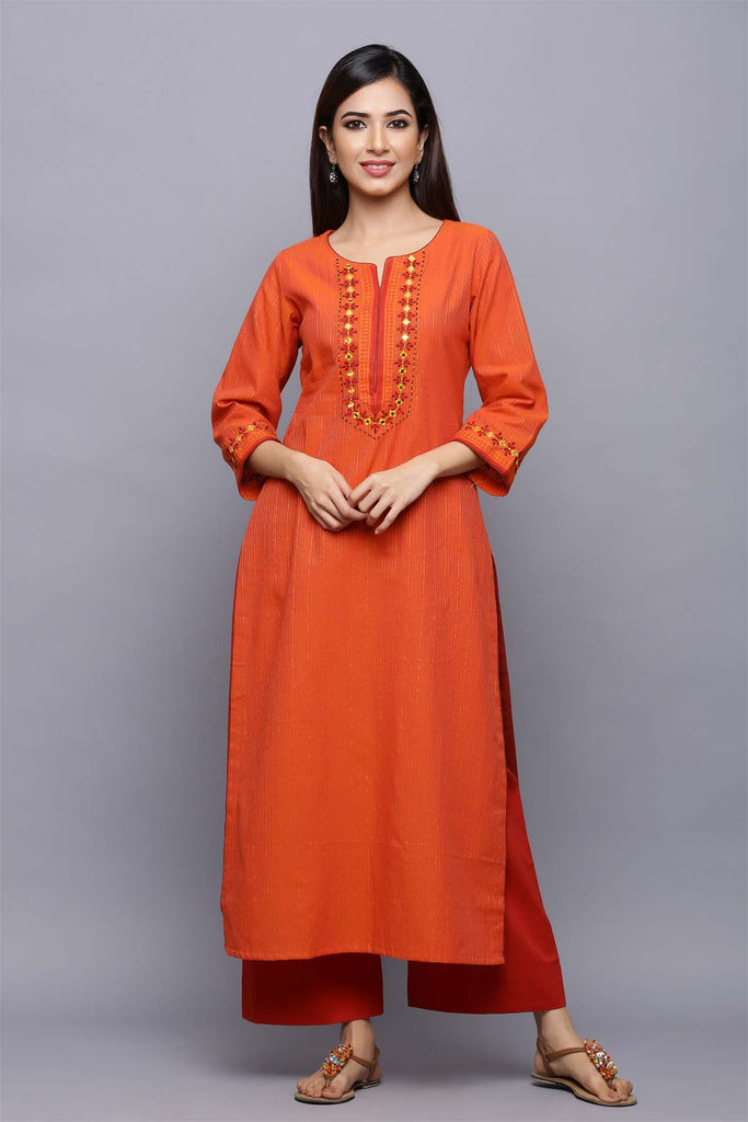 Orange straight fit kurta with embroidery