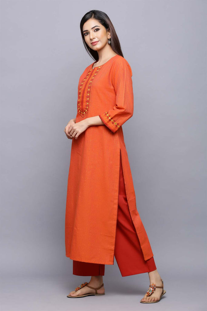 Orange straight fit kurta with embroidery