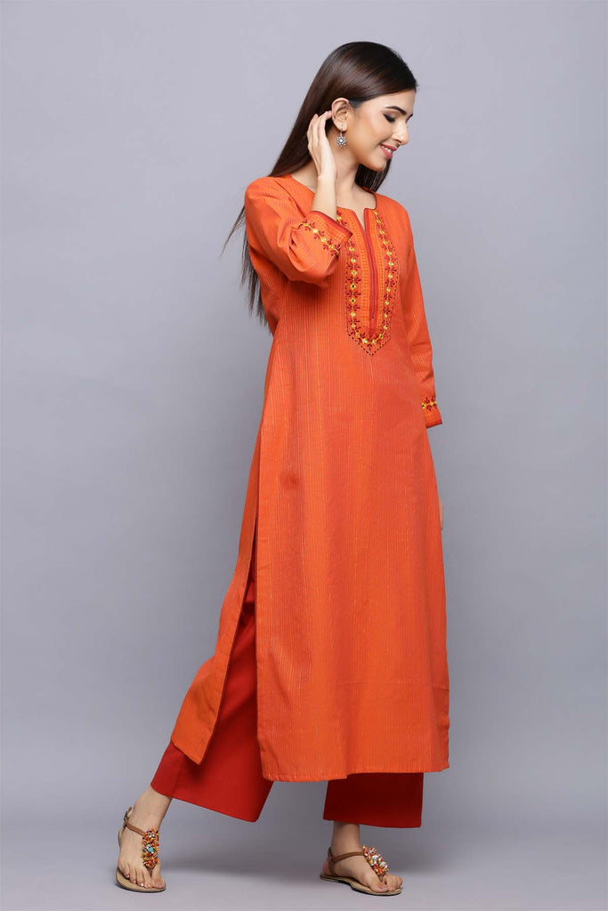 Orange straight fit kurta with embroidery