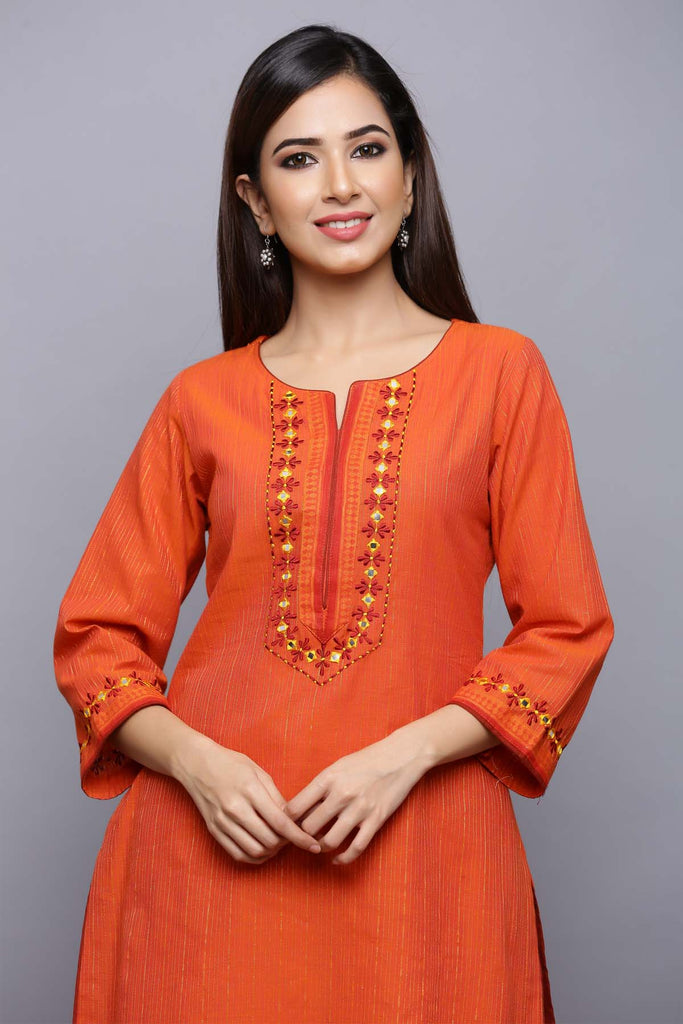 Orange straight fit kurta with embroidery