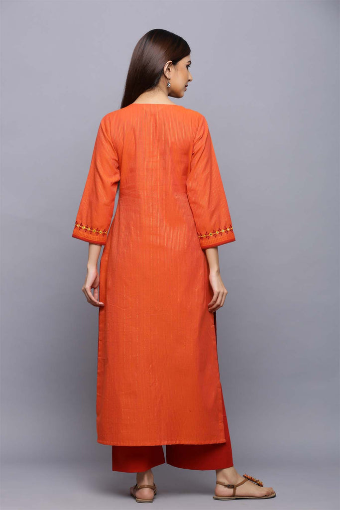 Orange straight fit kurta with embroidery