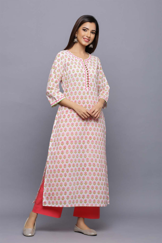 Straight Fit Hand Block Print kurta in Off-white base with buti print