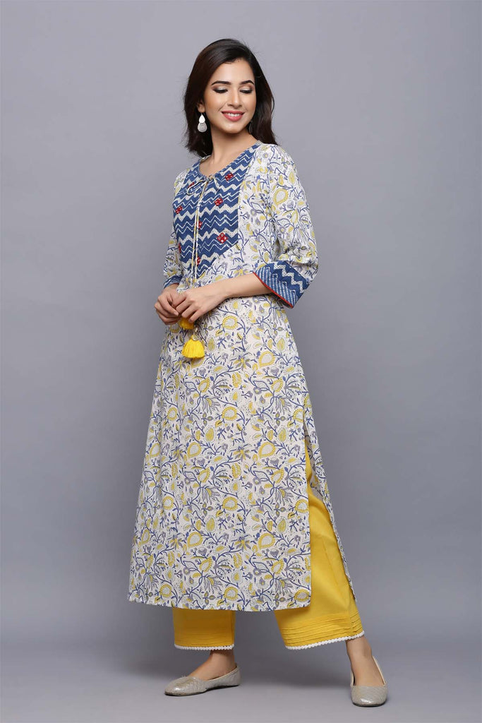 Straight fit kurta with off-white base and indigo blue jaal print