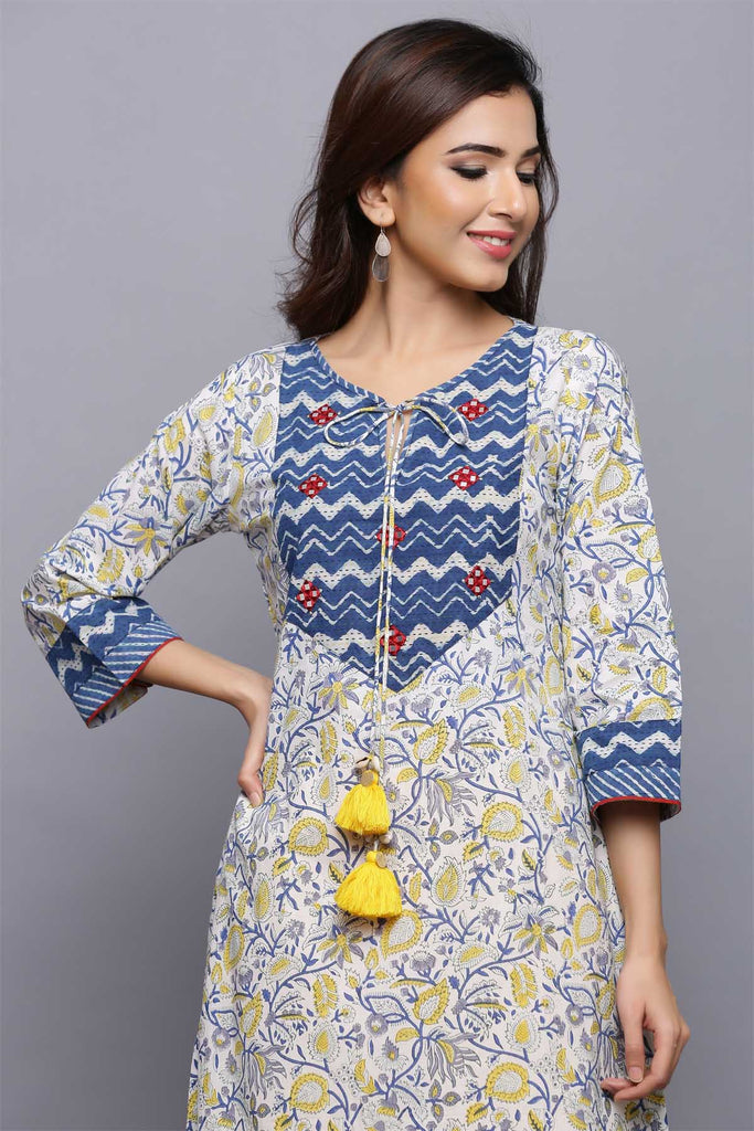 Straight fit kurta with off-white base and indigo blue jaal print