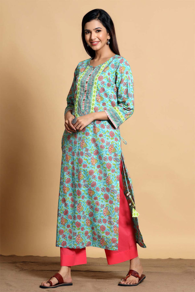 Straight fit kurta in turquoise jaal print