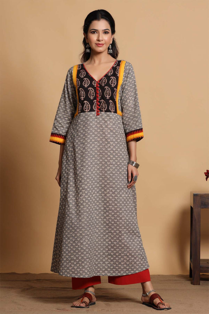 Long Length A-line  Kurta In Grey Buti Print