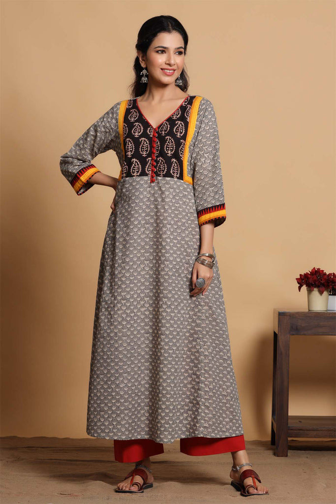 Long Length A-line  Kurta In Grey Buti Print