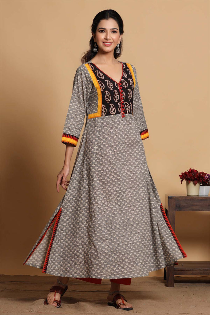 Long Length A-line  Kurta In Grey Buti Print