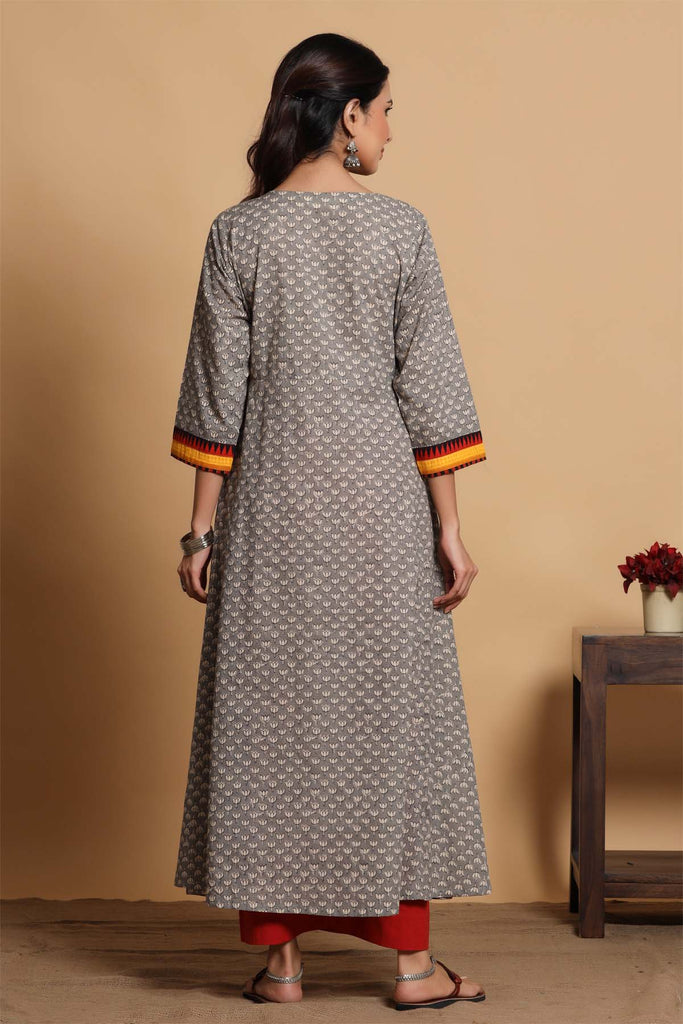 Long Length A-line  Kurta In Grey Buti Print