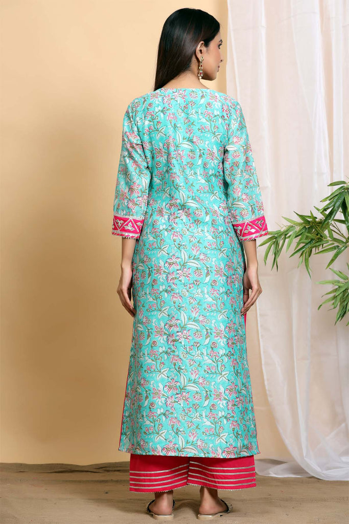 Turquoise hand block printed Chanderi kurta