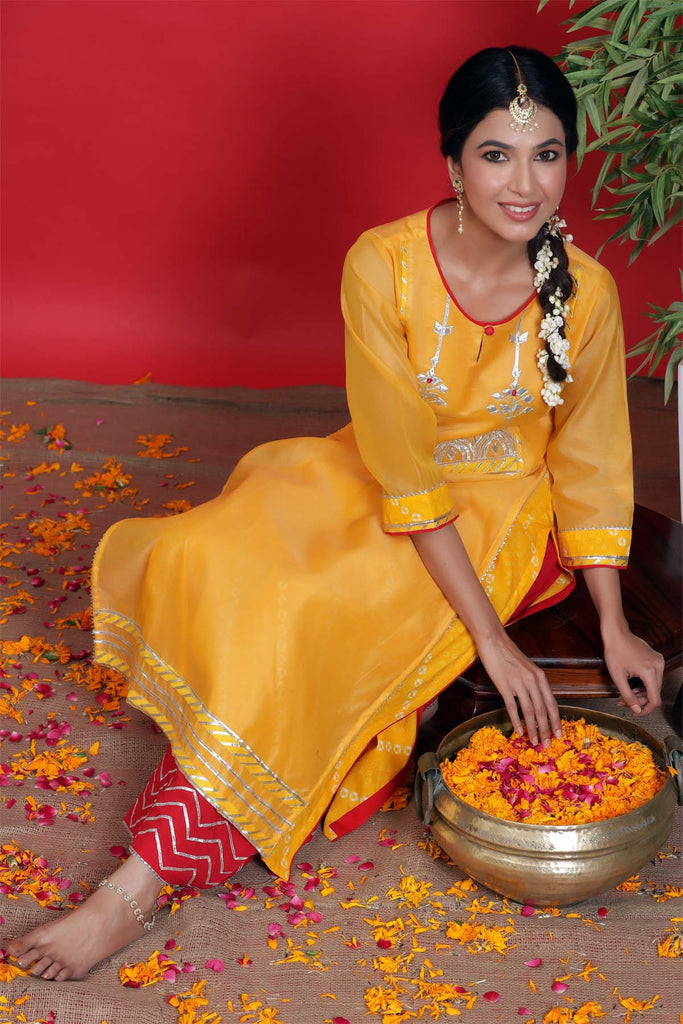 Chanderi double layer kurta in mango yellow